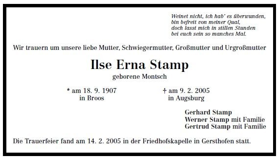 Montsch Ilse Erna 1907-2005 Todesanzeige